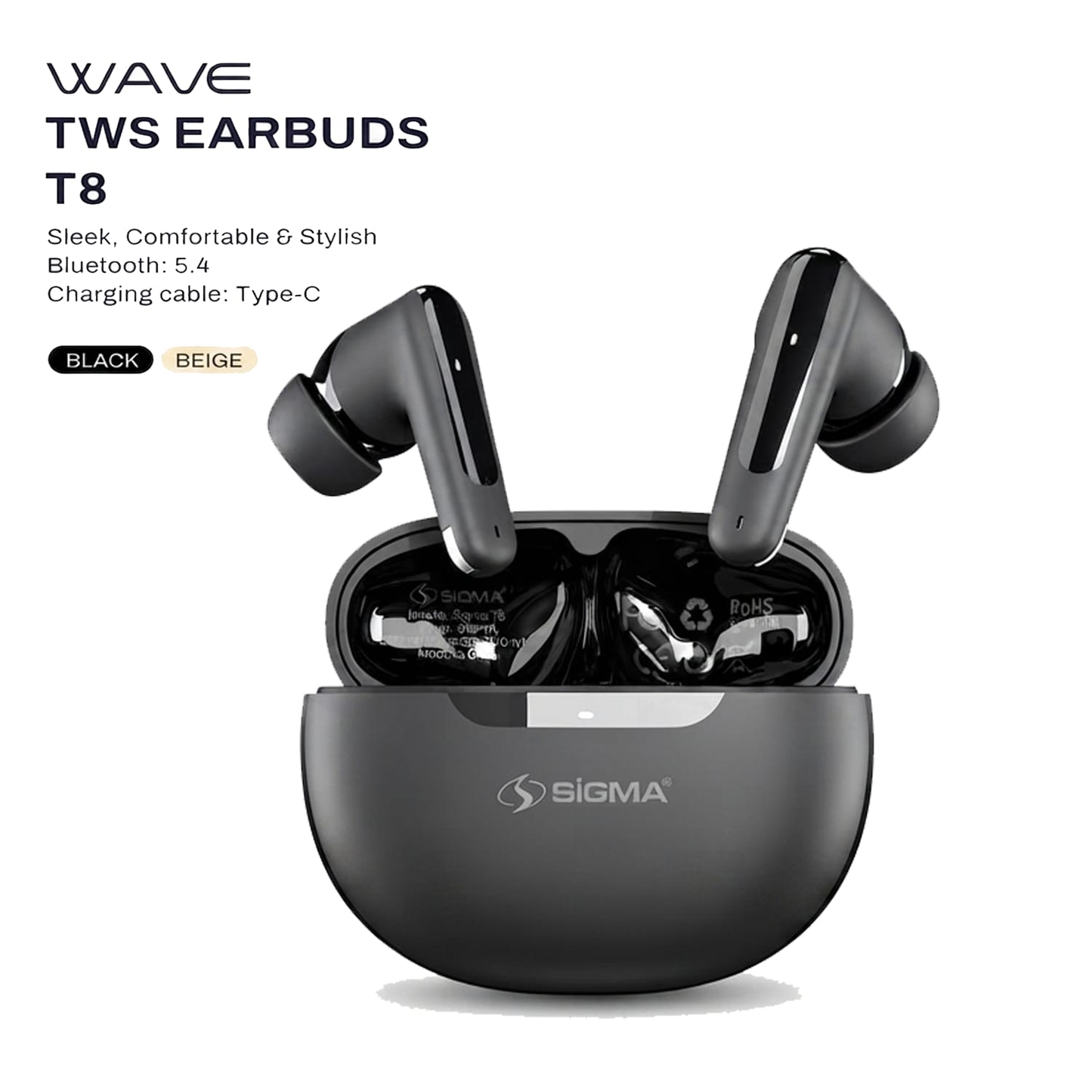 Sigma Wave TWS Earbuds T8 Black in charging case