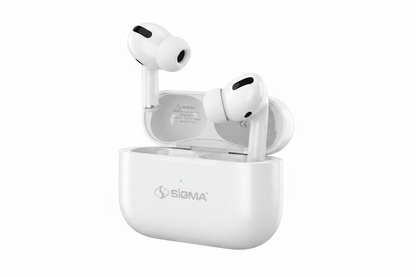 Sigma Air Pro 2 white earbuds in charging case