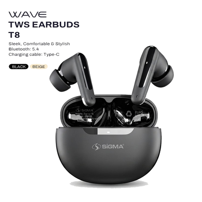 Sigma Wave TWS Earbuds T8 Black in charging case