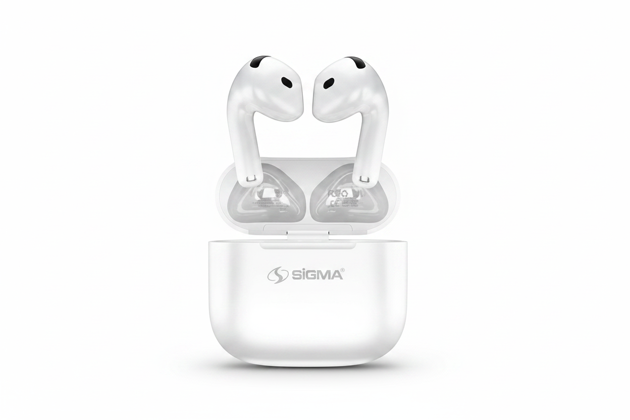Sigma Air Pro 4 white earbuds in charging case
